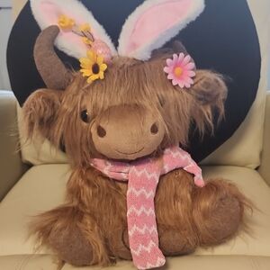 BNWT Adorable Brown EASTER HIGHLAND COW Plush Toy with Pink accents